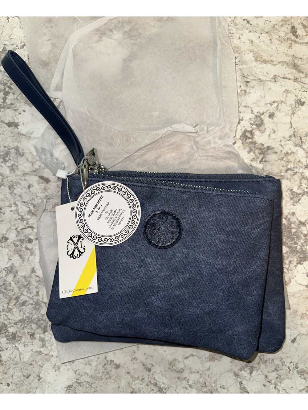 Christian Lacroix CXL Indigo Wristlet Pouch Zip Closure Lined Logo